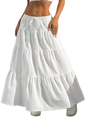 GRMLRPT Jupe Longue Femme Ete Tailles Elastique Vacances Plage Bohême Haute A-Ligne Plissée Maxi Décontractée Élégante(Blanc,S)