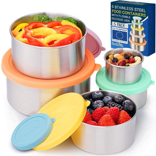 EcoEarth Edelstahl-Lunchbox – 5-teiliges Snack-Set aus Metall mit Deckeln | EcoEarth mikrowellengeeignet, SGS-geprüft, 100 % kunststofffrei, luftdicht, auslaufsichere Silikondeckel