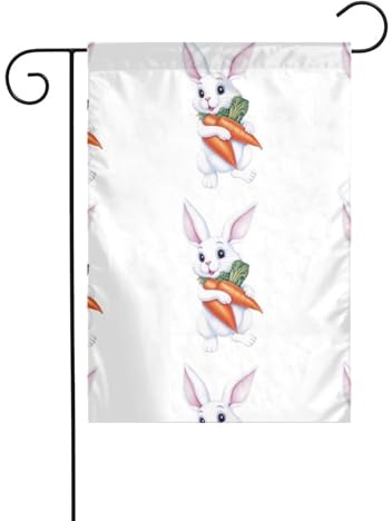 HYTTER Petit lapin blanc tenant des carottes - Drapeau de jardin - Décoration de cour - 30,5 x 45,7 cm - Pour jardin, terrasse, balcon