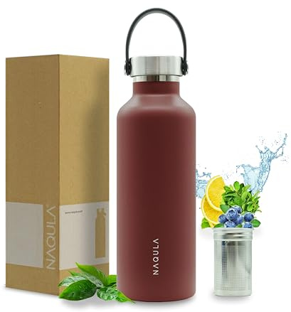 NAQULA® Thermosflasche 500 ml mit Tragegriff und abnehmbarem Sieb f Tee od Früchte. Edelstahl Trinkflasche auslaufsicher, kohlensäurehaltige Getränke geeignet, Isolierflasche heiß und kalt. (Rot)
