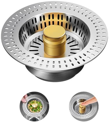 Universal Abflusssieb Küchenspüle Waschbeckenstöpsel für Tiefe > 40 mm, Spülbecken Bohrung 75-86 mm, Waschbeckensieb 3-in-1 Pop-Up Edelstahl Siebkörbchen Abflussstopfen mit Anti-Verstopfungs-Korb