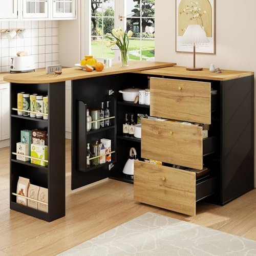 KOMHTOM Table de Bar Extensible avec Espace de Rangement(138-204 x 39 x 104 cm), Table à Manger Pivotante à 360°, 3 Tiroirs et étagères latérales (Noir-8)