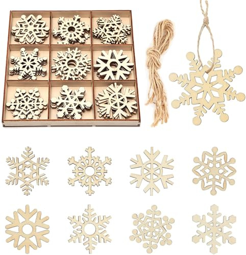 45 Pcs Holz Schneeflocken mit 45 Seile + 9 Gitterkosten (20 * 20cm), Streu Deko aus Holz, 5cm DIY Weihnachtsschmuck, Vintage Weihnachts Anhänger, Winter Deko, für Bastelarbeiten, mit Sortiertablett