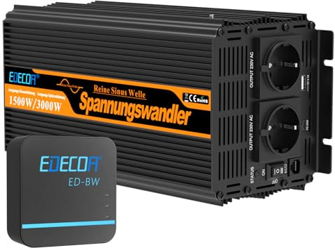 EDECOA Inversor de corriente 12 V 230 V 1500 W/3000 W 12 V a 230 V onda sinusoidal pura con módulo WiFi, soporte para funciones APP con 2 puertos USB