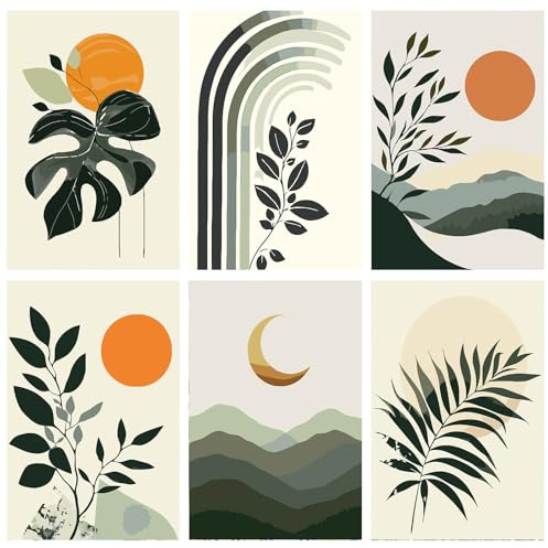 MAXBYE 6 Pack Paysage Peinture Numéros pour Adultes, DIY Feuilles Vertes Peinture par Numéros avec Pinceaux pour Débutants, Facile Paint by Numbers Décoration de la Maison Cadeau 20x30cm