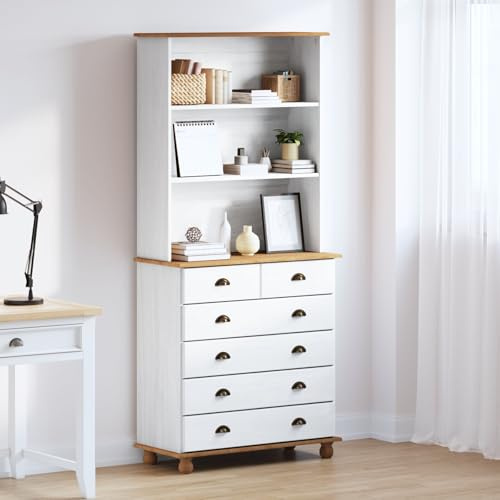 SKTQYQO ASKIM Vitrine en bois massif de pin, 2 pièces avec 8 tiroirs et 2 étagères, design pharmacien pour salon et salle à manger, finition blanche avec accents naturels, robuste