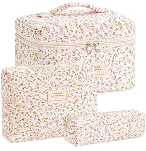 LIULINY Uppsättning av 3 kosmetikväskor, necessär för kvinnor med blommönster, quiltad necessär, sminkväska för flickor med vackra blommotiv, för dagligt bruk och när du reser, ROSA