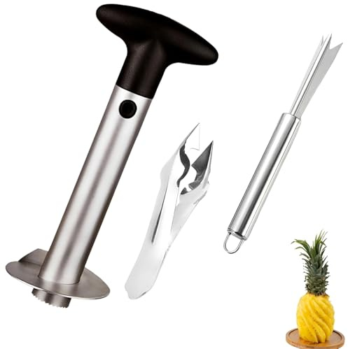 Pineapple Corer and Slicer with 3 Piece Set, Fruit Cutter for Pineapple Slices, Mango Cutter Slicer and Corer, Apple Corer and Slicer with Round Handle and Black Bag