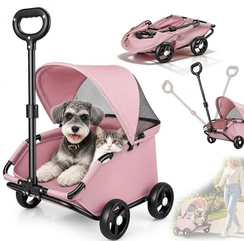 Carretto per Cani, Passeggino Pieghevole Cani e Gatti Carrello 4 Ruote per il Trasporto Animali con Maniglia Girevole a 360° Tasca Portaoggetti Cappottina Parasole e Maniglia Traino Retrattile Trolley