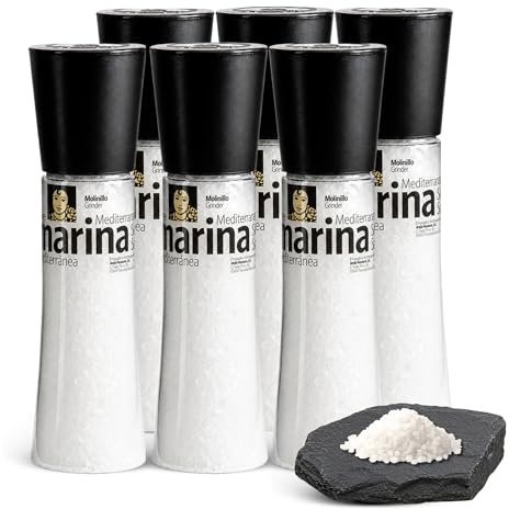 Sal Marina Mediterránea Carmencita, Formato molinillo gigante, Apta para realzar tus platos, sazonar carnes, pescados y verduras, especialmente a la parrilla, Sin Gluten, Contiene 6 unidades de 360 g