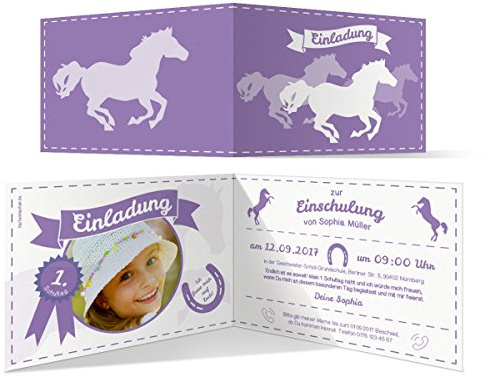 Einschulung Einladungskarten 1. Schultag (10 Stück) Pferde Foto Klappkarten Faltkarten