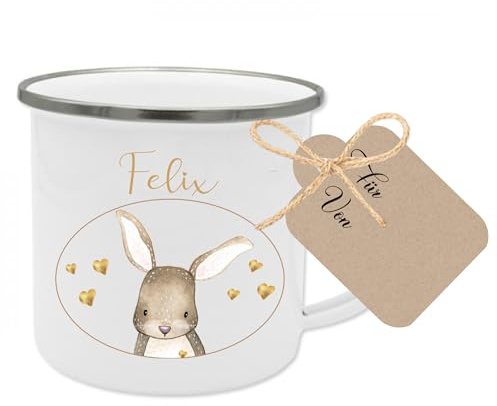 Manufaktur Liebevoll Emaille Tasse Kinder Geschenk personalisiert Kindertasse Hase Geschenk mit Name Kinder (Motiv “Felix Hase”)