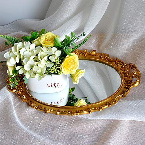 Yamfurga Plateau miroir décoratif ovale, cadre floral de style français, organisateur de maquillage, organisateur de bijoux, plateau de service, 24,9 x 37,1 cm, doré
