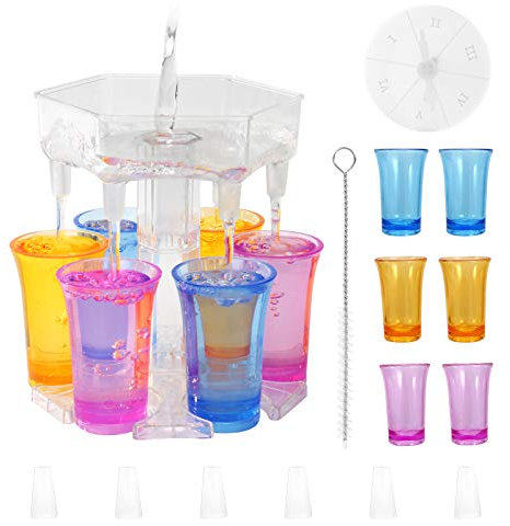 Schnapsglas-Spender, Spieldrehteller, Schnapsspender zum Befüllen von Flüssigkeiten, mit 6 Schnapsbechern und 1 Spender für Likör, Alkoholspender mit Halter, Schnapsausgießer für Party