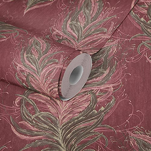 Livingwalls Tapet med fjädrar Mata Hari fibertapet brun rosa röd med glittereffekt finstrukturerad 380093