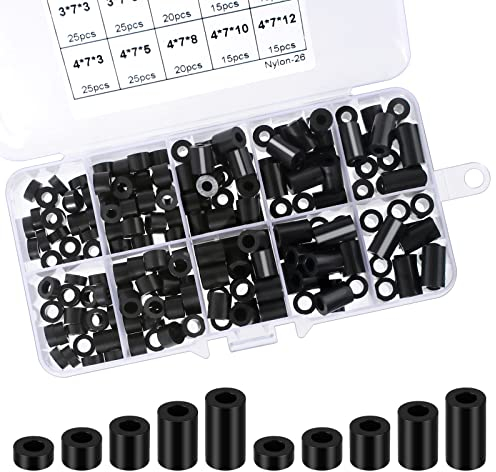 200 Stück Distanzhülsen M3 M4 Kunststoff Runde Spacer Unterlegscheibe, Runde Abstandshalter 3mm bis 12mm Länge Nylon Unterlegscheiben mit Aufbewahrungsbox, Schwarz