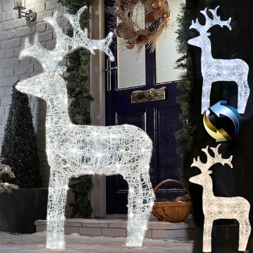 160cm Colour Changing LED Pre-Lit Acrylic Reindeer & Sleigh Indoor/Outdoor - Light Up Christmas Reindeer Decoration - Colour Changing Cool White or Warm White LED Lights - 80 LEDs (160cm x 90cm)