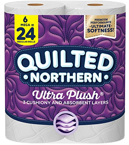 Quilted Northern Ultra Plush® Toilet Paper, 6 Mega Rolls = 24 Regular Rolls, 3-ply Bath Tissue White
