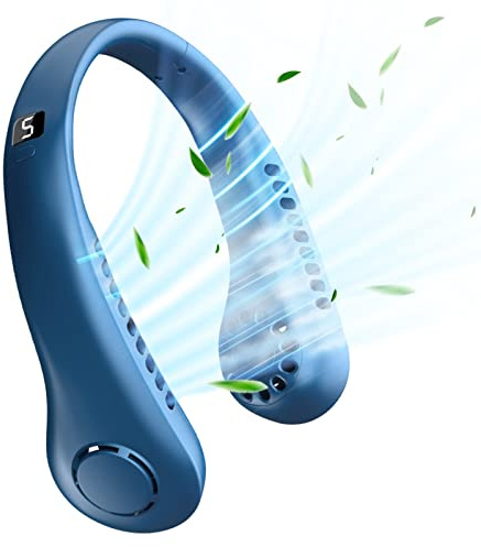 Ventilateur de Cou - Ventilateur Portable Sans Pales - USB Rechargeable Mini Ventilateur Cou à Suspendre - 1200 MAh 5 Vitesses Ventilateur Mains Libres pour Randonnée, Sports , Voyages, Maison (Bleu)