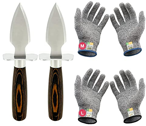MYBMHTNB Oyster Shucking Knife Set of 2 Stainless Steel Oyster Knifes and 2 Pairs Level 5 Cut-Resistant Gloves，Oyster Knives Suitable for All Kinds of Shells and Oysters Shucking（Strengthen Version）
