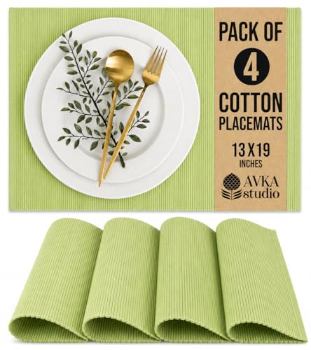 AVKA Studio Platzsets aus 100% Baumwolle, gerippt, 4 Stück, 33 x 48 cm, Hell-Limettengrün, Dicke Konstruktion, waschbar, wiederverwendbar, Stoff-Tischset