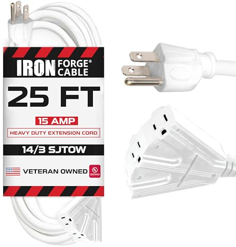 Iron Forge Cable 25ft White Outdoor Extension Cord with 3 Outlets - 14 Gauge Oil Resistant 15 Amp Power Cord 3 Prong SJTOW with Multiple Outlets