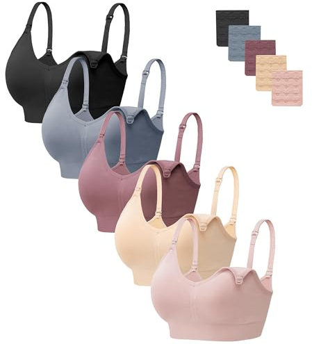HBselect 5 Pack Womens Nursing Bras, Seamless Maternity Bras Breastfeeding Bra, Pregnancy Sleep Bralette, 5pack(Black/Nude/Pink/Dusty Blue/Dusty) Pink, XX-Large