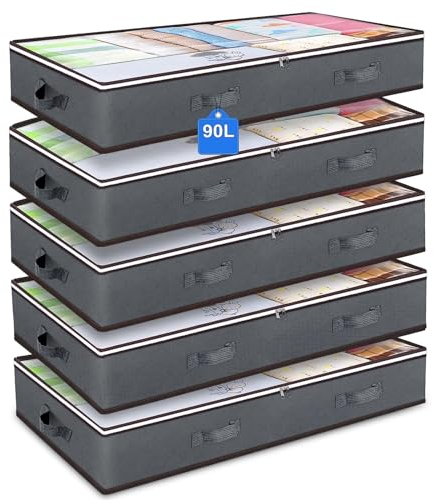 POWZOO Unterbett Aufbewahrungsbox-5 Stück 90L großer Kapazität Unterbettkommode,100x50x18cm,Klarem Deckel-Verstärkten Griffen, Faltbare.Unterbett-Aufbewahrungstasche Kleideraufbewahrung.(Grau)