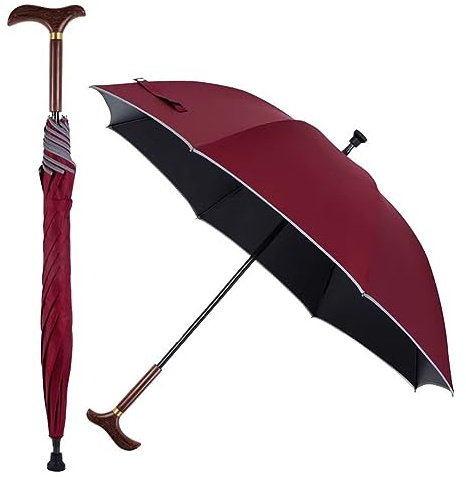 AVIITI Gehstock Regenschirm, Multifunktionaler Gerader Stock Aus Holz Mit Langem Stiel, Mit Sicherer, Rutschfester Gummispitze,Rot,83cm/32.6inch