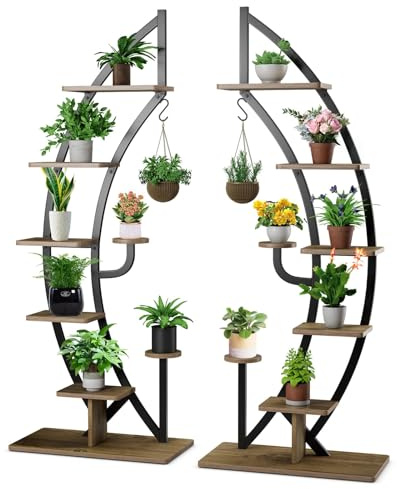 HOMASIS 6 Ebenen Blumenständer aus Metall, Pflanzenregal mit 7 Ablagen & 1 Haken, Elegante Halbmondform, Pflanzenständer mit Kippschutz für Balkon, Garten, Wohnzimmer & Schlafzimmer (Braun, 2 Stück)