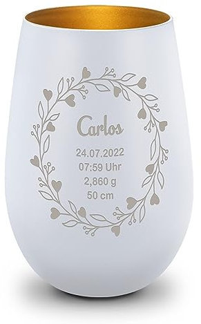 GRAVURZEILE Deko Windlicht aus Glas mit Gravur - Geschenk zur Geburt - Personalisiert mit Name - Ideal für Teelichter und Kerzen - Persönliche Geschenke für Eltern Mama & Papa - Weiß/Gold