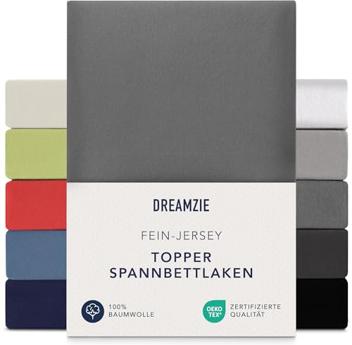 Dreamzie Premium Topper Spannbettlaken 180x200 cm - 200x200 cm - extra niedriger Seitenhöhe - für Topper - Topperauflage - Spannbetttuch Jersey Baumwolle, 150 g/m² - Oeko-TEX - Anthrazit