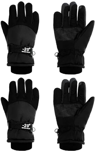 SATINIOR 2 Pairs Kids Waterproof Winter Snow Gloves Ski Gloves for Boy Girl Outdoor Warm Thickening Snowboard(Black,3-6 Years)