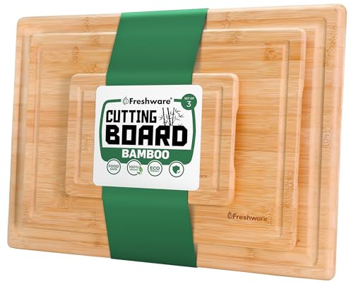 Freshware Wood Cutting Boards for Kitchen - Bamboo Cutting Board Set of 3, Cutting Boards with Juice Grooves, Serving Board Set, Chopping Board for Meat, Veggie, Easy Grip Handle (9x6, 12x8, 15x10)