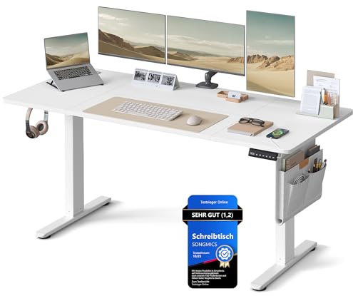 SONGMICS Scrivania Regolabile in Altezza Elettrica, 160 x 70 cm, Scrivania Elettrica, Tavolo con Memoria per 4 Altezze, Porta USB-C, Bianco Nuvola LSD136W01