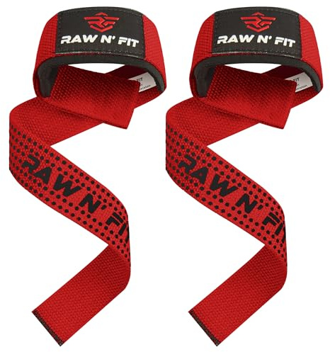 Raw N' Fit® Straps palestra, Lifting Straps, Powerlifting, Straps Gym, Cinghie di sollevamento imbottite, Black Wrist Straps, Impugnature Gym per uomini e donne, Peso morto (Rosso)