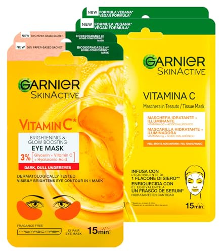Garnier SkinActive Vitamin C Maschera Contorno Occhi Illuminante Acido Ialuronico in Tessuto Biodegradabile 2 Applicazioni + Maschera Viso Monouso Idratante in Tessuto Acido Ialuronico 2 Applicazioni