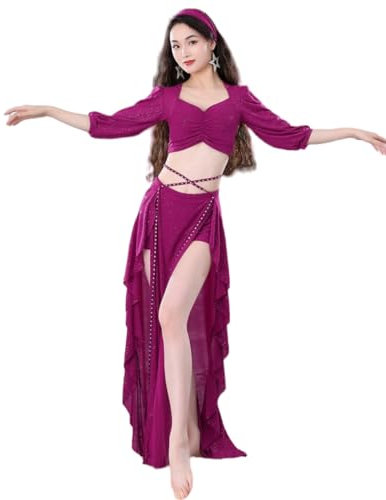 GeRRiT 2 Stücke Bauchtanz Kleidung Anzug für Frauen Halbe Ärmel Top Rock Oriental Training Anzug Weibliche Bauchtanz Wear Outfit Bauchtanz Kostüm,Rosa,S