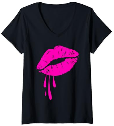 Damen Lippen Shirt Pink Lips Kiss 80er Lippenstift Make-up Liebhaber T-Shirt mit V-Ausschnitt