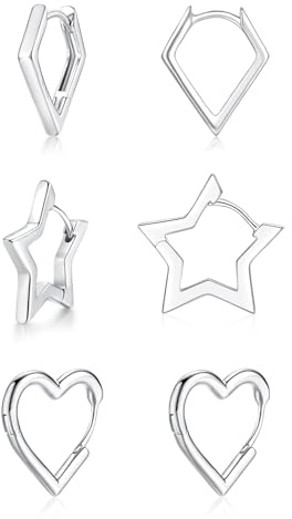 Loutade Creolen Silber 925, 3 Paare 925 Sterling Silber Stern Herz Rhombus Creolen Set, Hypoallergen Leicht Ohrringe Silber 925, Knorpel Schlafen Geometrische Silber Creolen für Mehrere Piercings