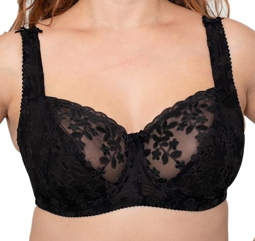 Gemm Womens Plus Size Lace Full Coverage Firm Hold Non Padded Underwired Full Cup Bra Black
