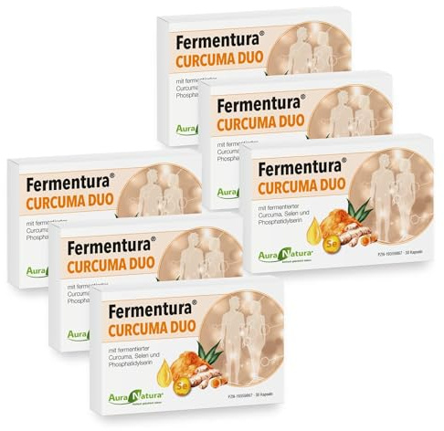Fermentura® CURCUMA DUO | Hochdosierte Kurkuma-Kapseln, 6er-Pack | Fermentierte Curcuma Kapseln | Mit Selen & Phosphatidylserin | 180 vegane Kapseln, ohne Zusätze