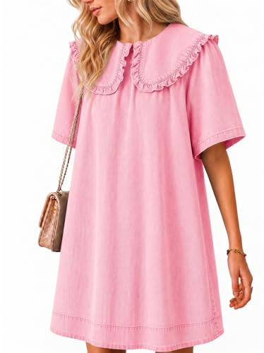 Wenrine Mini abito estivo da donna in denim oversize con colletto alla Peter Pan a maniche corte casual fluente Babydoll Jean abiti, Rosa, XL