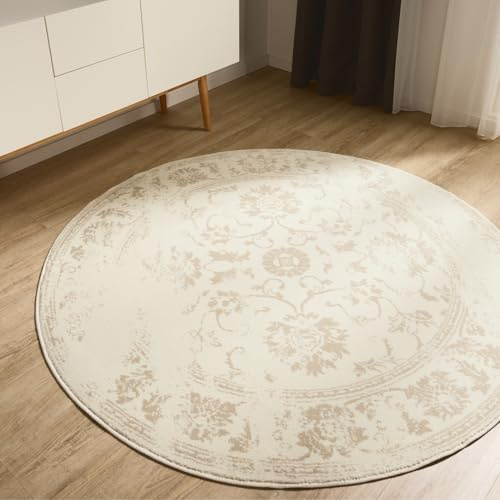 benuta Basic Teppich Suki - Creme/Beige 120 cm rund - Kunstfaser - rund & im Style: Vintage, Orient Style - Pflegeleicht für Wohnzimmer Schlafzimmer