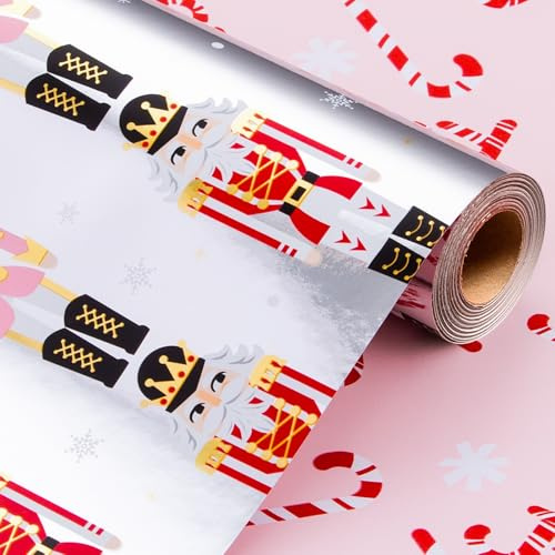 Wikadlik Weihnachts-Geschenkpapier für Geschenke, Perlglanz, rot und rosa, Nussknacker, Geschenkpapierrolle für Feiertage, festliche Feiern, Basteldekoration, 43 cm x 10 m