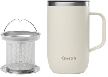 QWETCH - Mug Isotherme Inox Recyclé avec Anse & Filtre Infuseur Sable - Tisanière Isotherme 470ml - Thermo Café & Thé - 6h Chaud & 12h Froid - Bouchon Coulissant Anti-Éclaboussures