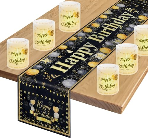PHOGARY Geburtstag Tischdeko - Schwarz Gold Tischläufer und 6 Windlichter Tischdeko, 180x33cm Leinen Happy Birthday Tischdekoration, Geburtstagsdeko für Frauen Männer Mädchen Jungen Kinder