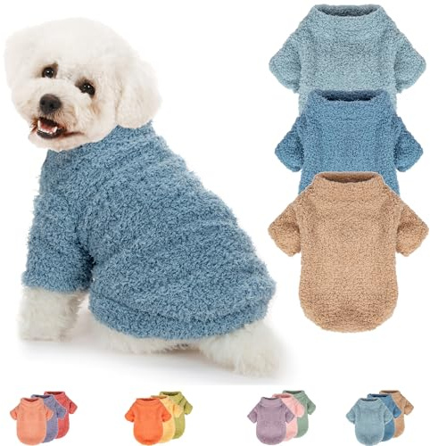 Dog Sweater, 3 Pack Sweaters for Small Dogs Girl, Dog Clothes for Medium Dogs Male or Boy, Ultra Soft and Warm Puppy Coat for Winter Christmas (Small, Light Blue+Blue+Khaki)