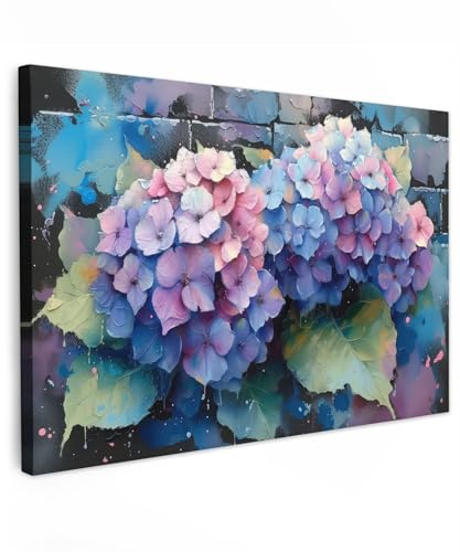 MuchoWow© Wandbilder Groß XXL Schlafzimmer Home Deko Wohnung Bild | 120x80 cm - Wohnzimmer Fotoleinwand Wand Bilder Leinwand Wall Decor Hortensie - Graffiti - Blumen - Lila