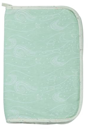 Trois Kilos Sept - Protezione per libretto sanitario per neonati - maternità - nascita - chiusura lampo - alette interne - verde acqua - bordo beige - motivi oceano - 25 x 17,5 cm